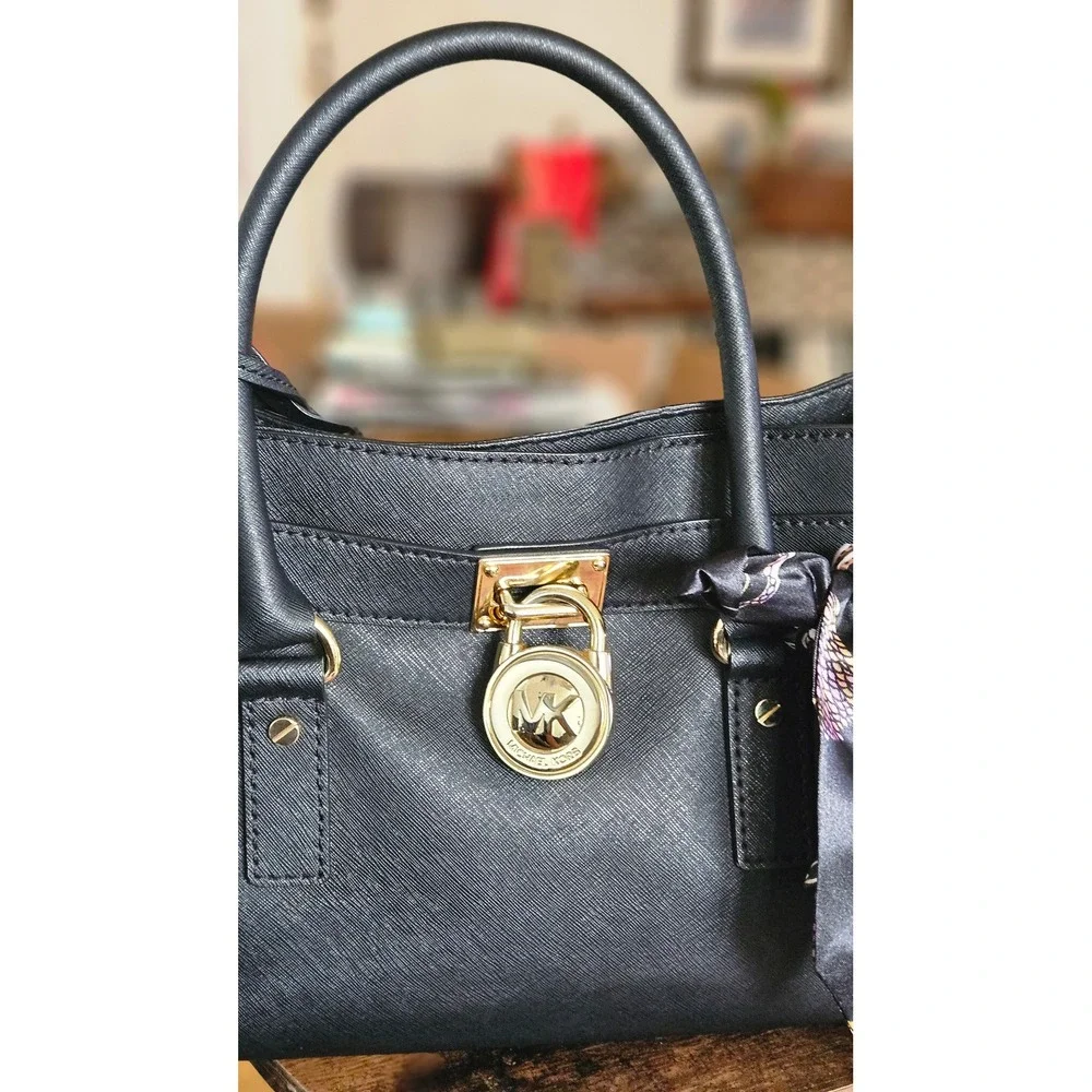 Michael Kors Hamilton Satchel Black Saffiano Leather Gold Hardware Handbag Scarf